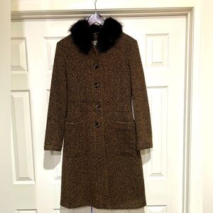 SPORTMAX MAXMARA  LIKE NEW BROWN /BLACK FUR COLLAR VIRGIN WOOL PEA COAT SIZE 8